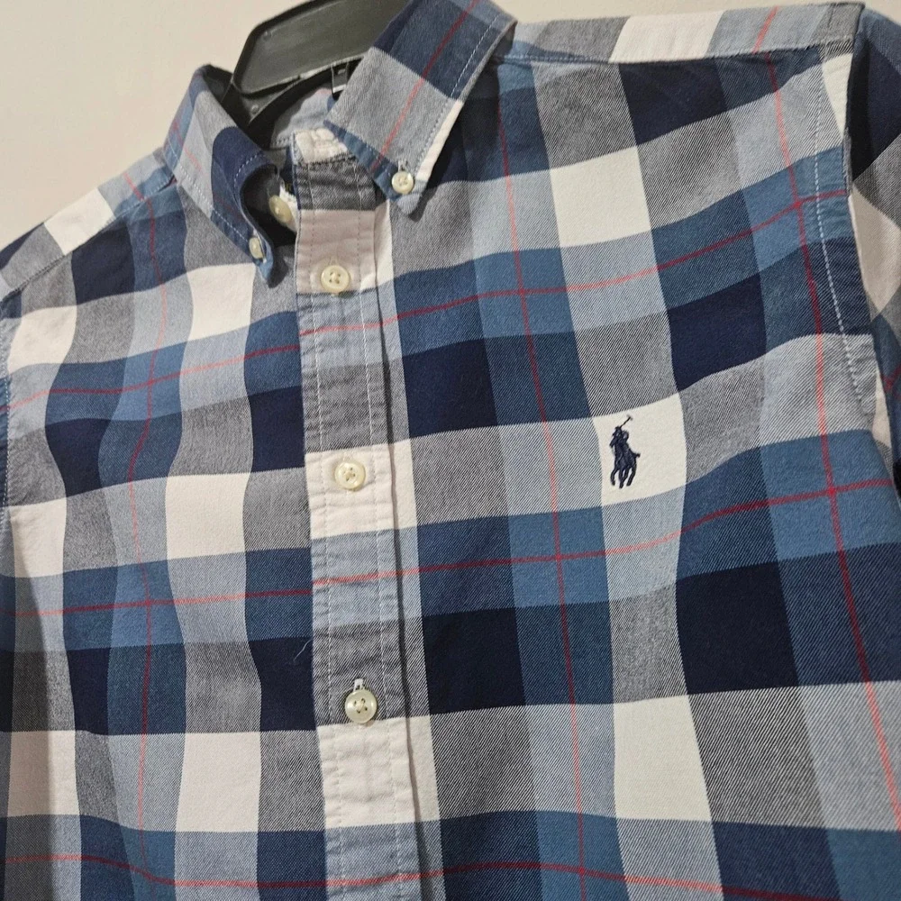 Ralph Lauren Boys Blue White Plaid Button Down Shirt Size Large‎ 14-16 L/G Pony
